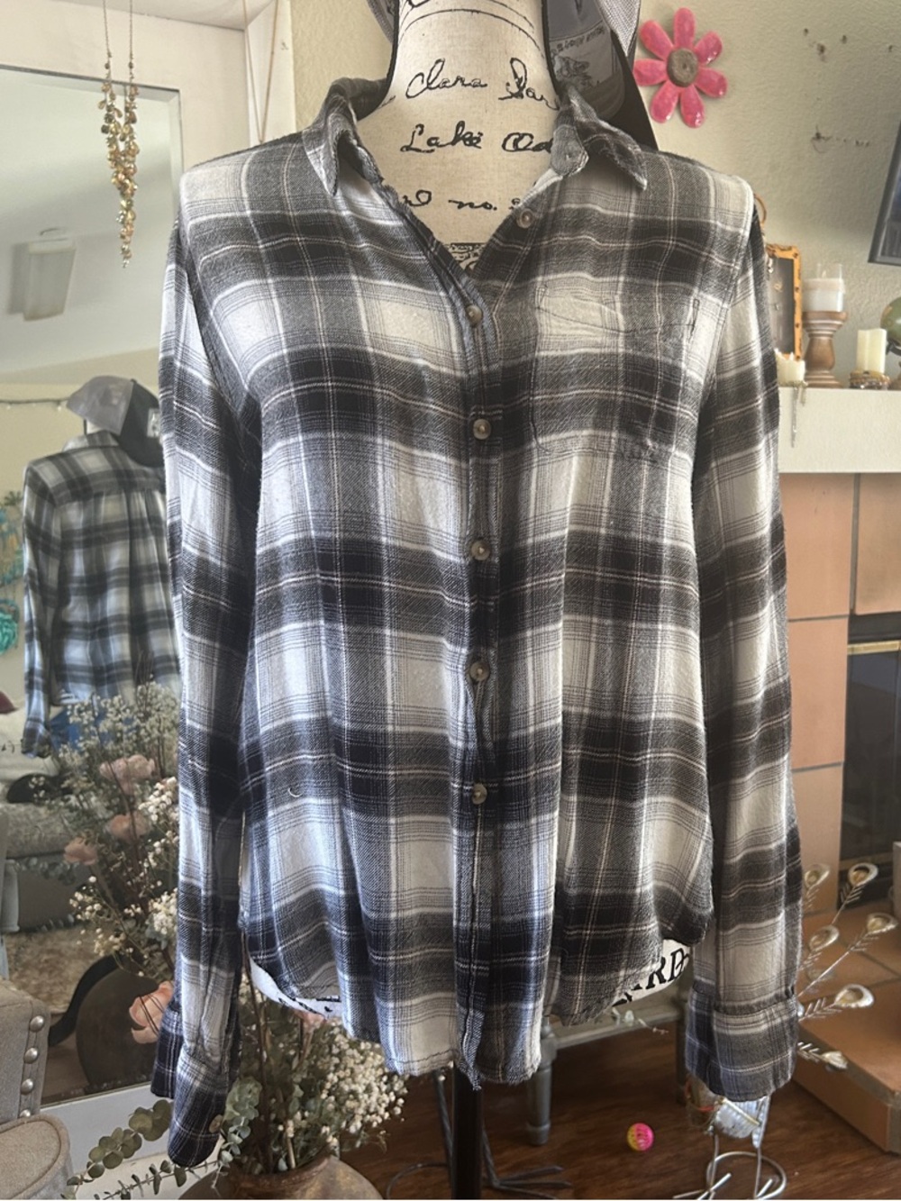 Super Soft Lucky Brand Black and White Plaid Button-Down Shirt